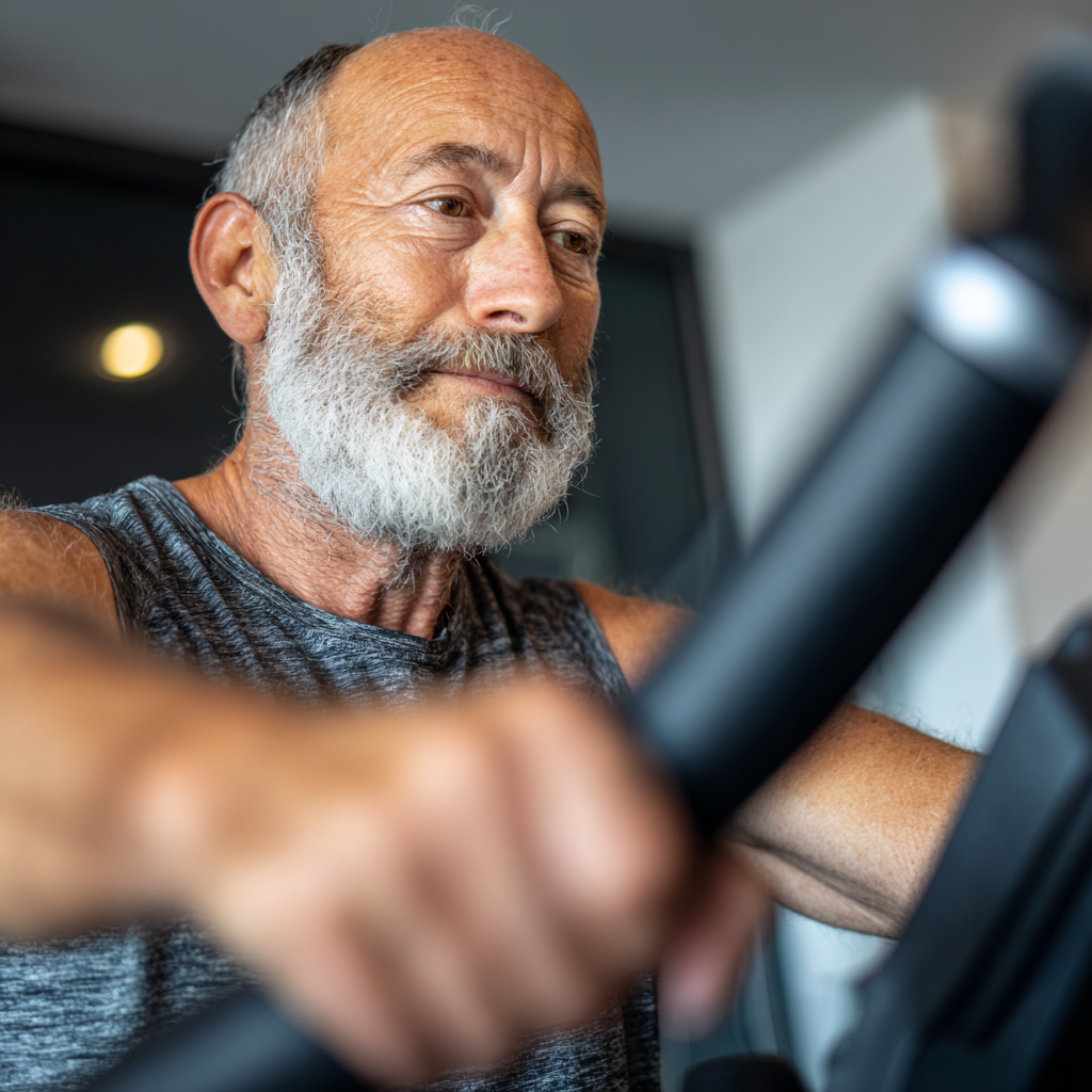 Чоловік 60 років займається на кардіотренажері, концентрований та задоволений процесом тренування