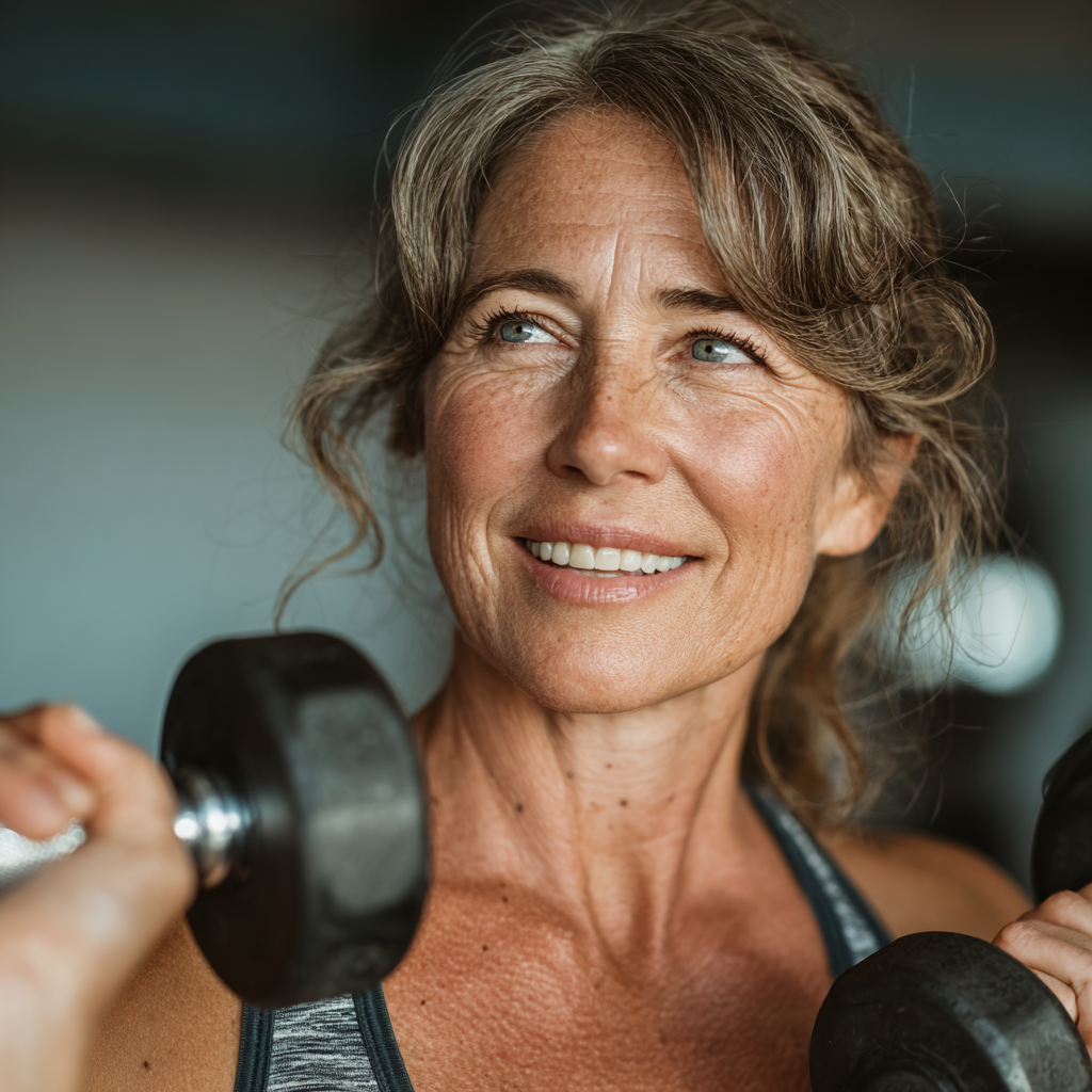 Енергійна жінка 55 років виконує вправи з гантелями у фітнес-залі, посміхається та демонструє силу