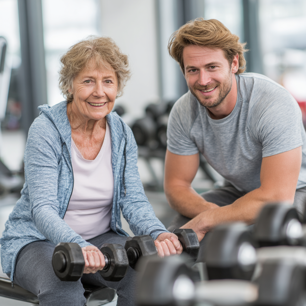 Тренер допомагає жінці 58 років правильно виконати вправу з гантелями, обоє посміхаються